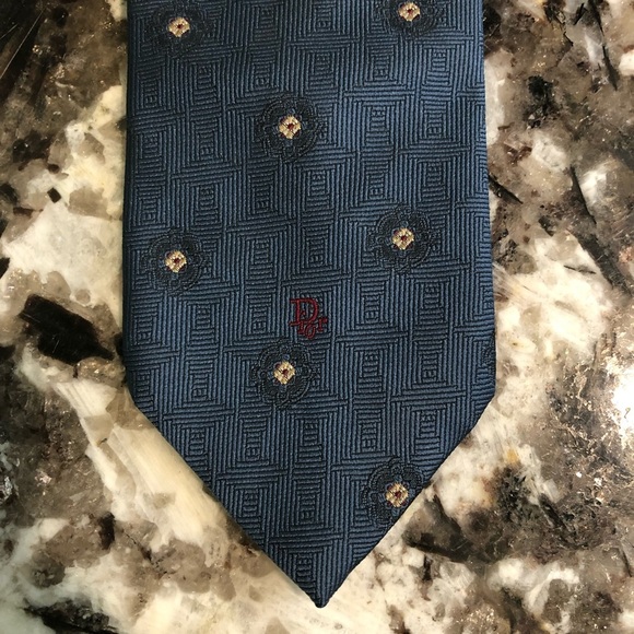 Christian Dior Monsieur Tie - Slate Blue with Repeating Decorative Motif - Picture 8 of 8